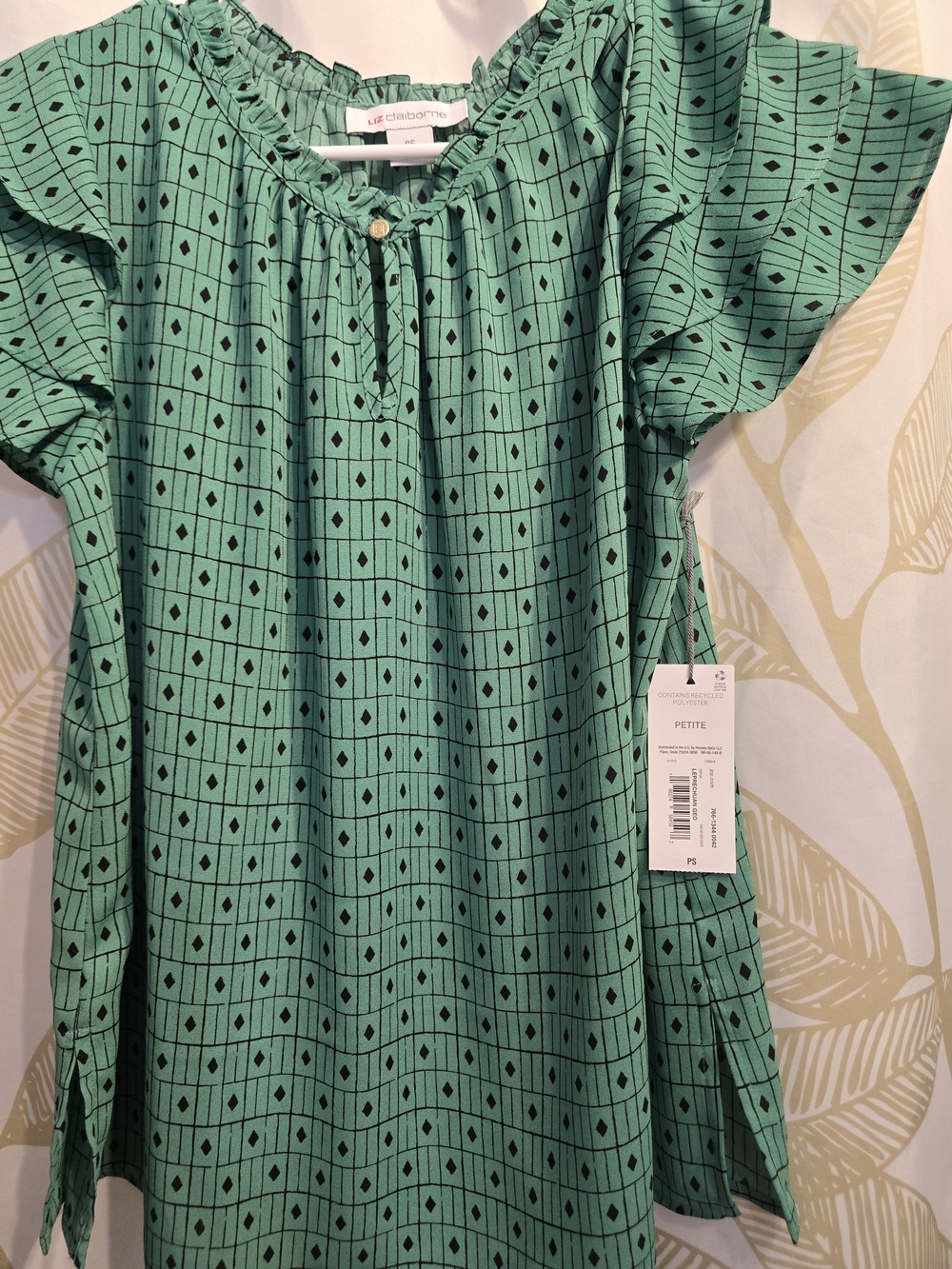 Liz Claiborne Mint Green Blouse with Black Diamond Grid